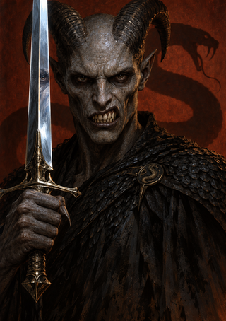 Snarling gray-skinned horned figure in dark scale-textured clothing holding an ornate sword against a rust-red background.