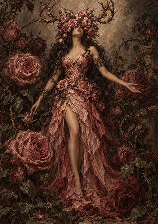Full-length woman in a rose-petal-like gown among oversized roses and thorny vines, wearing a branching floral crown.