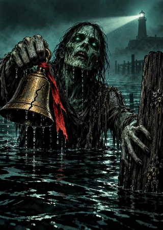 Gaunt drowned figure lifts a cracked brass bell with a red ribbon beside a misty harbour pier and distant lighthouse.
