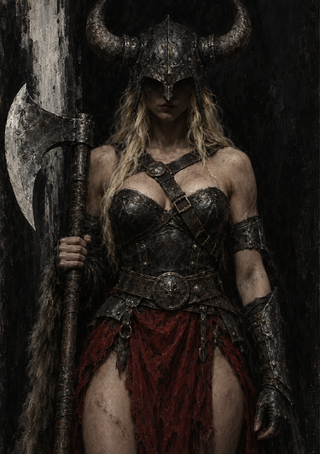 Blonde armored woman in a horned helmet holding a broad axe against a dark background.