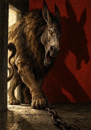 Shaggy, long-eared creature bares its teeth in a doorway as a chain trails across a stone floor and a large shadow falls on a red wall.