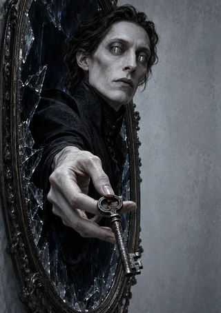 Dark-haired man reaches from a broken oval mirror, holding out an ornate key against a gray wall.