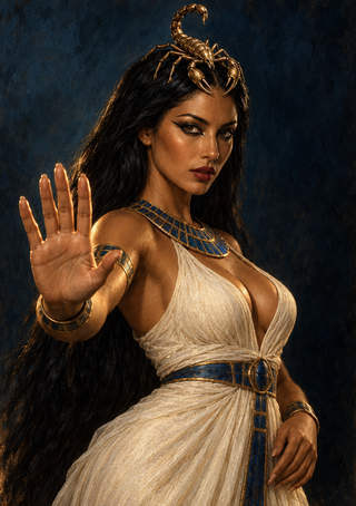 Dark-haired woman with a bronze scorpion ornament on her head, wearing a cream dress and blue-and-gold Egyptian-inspired jewelry.