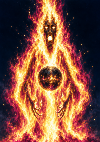 Fiery bearded figure with glowing eyes holding a dark orb against a starry black background.