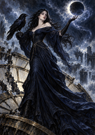 Dark-gowned woman reaches toward a dark orb while a raven perches on her arm among storm clouds and ruined stone structures.
