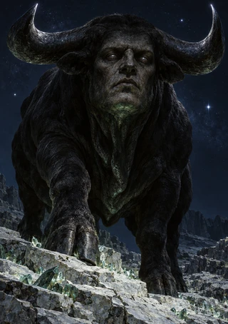 Dark horned quadrupedal beast with a humanoid face advances over rocky, crystal-studded ground beneath stars.