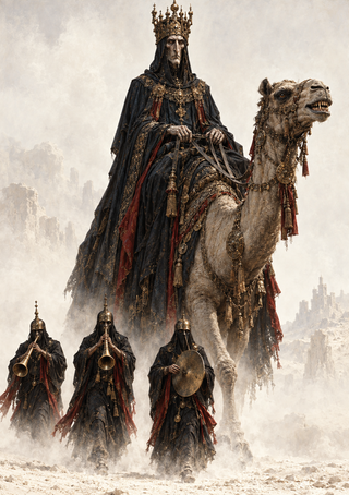 Crowned dark-robed rider on a decorated camel above three robed musicians in a pale, dusty landscape.