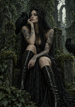 A crowned woman sits in an ivy-covered graveyard with two ravens, a distant statue, and a stone arch.
