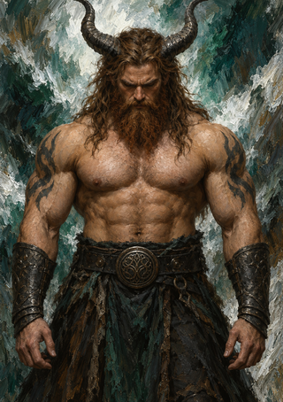 A muscular bearded figure with long hair and curved horns wears dark bracers and a patterned belt against a teal-and-pale backdrop.