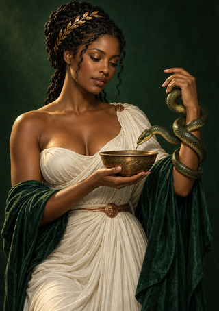 Dark-skinned woman in white and green drapery holding an ornate bowl as a green snake coils around her raised arm; braided hair and gold ornament against dark green.