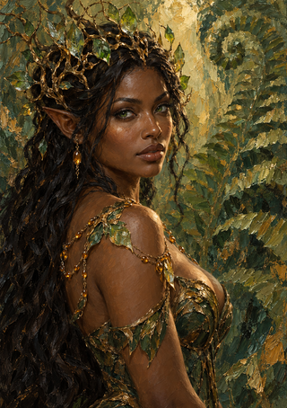 Dark-haired pointed-eared woman with a leafy crown and amber earring among green-gold foliage.