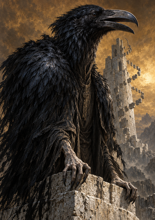 Large black raven-like creature with a long open beak and clawed forelimbs before a ruined stone tower under an amber sky.