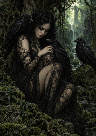 Dark-haired woman in a black dress seated among mossy roots with three ravens beside a stream in a forest.