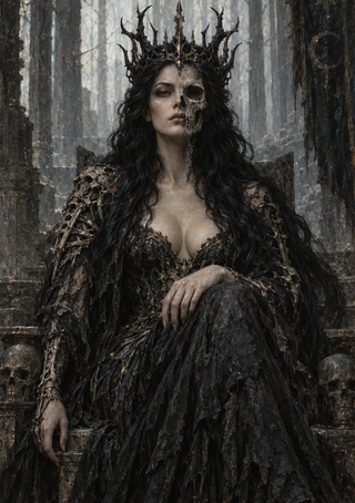 Crowned woman with a half-skeletal face seated on a stone throne, flanked by skull ornaments.