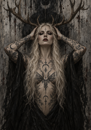 Long-haired tattooed woman with branching antlers and a dark garment against a distressed wall.