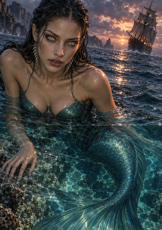 Teal-scaled mermaid-like woman in the water with a sailing ship near a sunset and underwater rocks.