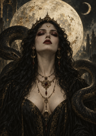 Crowned dark-haired woman with lowered eyes and layered jewelry, framed by dark serpentine forms beneath a large moon.
