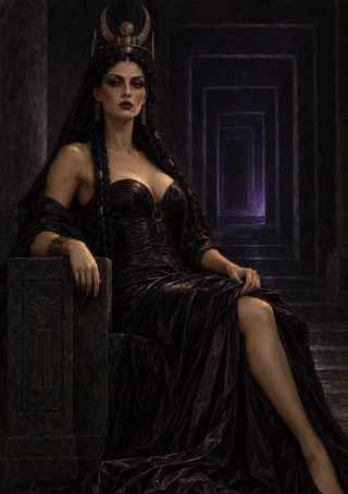 Crowned woman seated on a carved stone throne as nested doorways recede into a dark, violet-lit background.