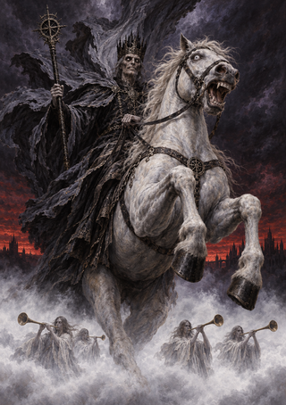 Skeletal crowned rider in a black cloak on a rearing white horse above trumpet-bearing figures in a misty storm scene.