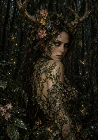 Woman looking back through dark forest foliage, framed by a flower-and-branch headpiece, vines, blossoms, and small glowing forms.