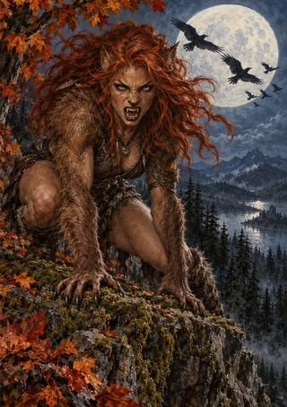 A red-haired, pointed-eared creature crouches on a rocky ledge under a full moon, with autumn leaves, birds, mountains, and a lake.