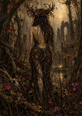 Back-facing figure covered in thorny vines beneath flower and branch-like adornments in a dark woodland, with a distant arch and bird.