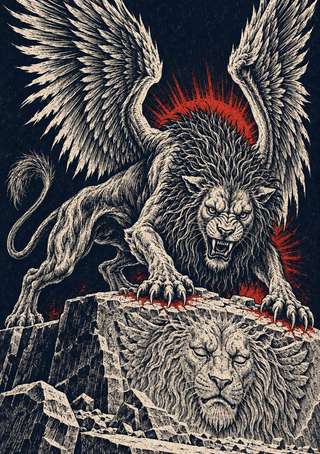 Snarling winged lion-like beast crouches above a second lion face amid dark angular rocks and red rays.
