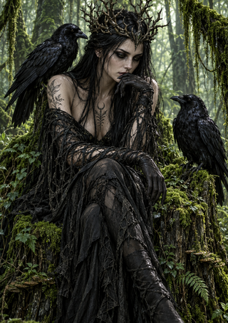 A dark-haired woman in a twisted-branch crown sits in a mossy forest with a raven on her shoulder and another nearby.