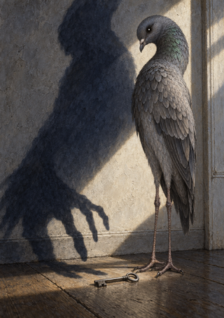A gray-black bird stands beside a stone wall, casting an oversized claw-shaped shadow above a small key.