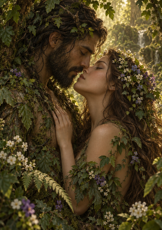 A leafy, moss-textured man and a flower-crowned woman kiss amid dense forest foliage and warm golden light.