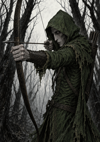 A hooded archer in a ragged green cloak draws a bow in a misty forest of bare trees.