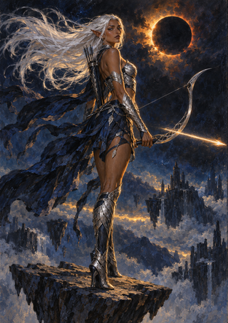 A pale-haired elf archer in silver armor stands on a rocky ledge beneath an eclipsed sun and floating cliffs.