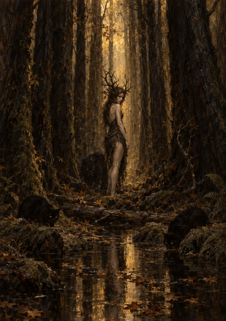 Distant antlered figure in a dense forest clearing, with shadowy animal forms beside a reflective stream and golden light between trees.