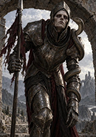 Pale armored figure in a pointed helmet beneath a broken stone arch, holding a tall staff or spear beside a coiling snake.