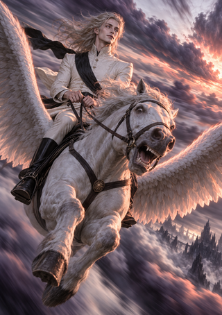 Pale-haired rider on a white winged horse charging through dramatic clouds above dark spires.
