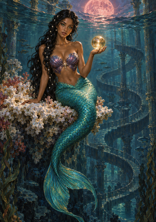 Mermaid with a turquoise tail holding a glowing golden orb among coral and underwater ruins.