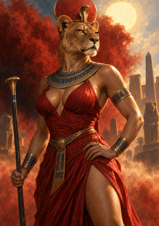 Lion-headed Sekhmet in a red dress and blue-and-gold collar holds a staff before a red disc, bright sun, trees, and distant obelisks.