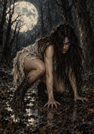 Long-haired figure crouches on muddy ground beneath a full moon in a dark forest, with a visible tail and pale wrap.