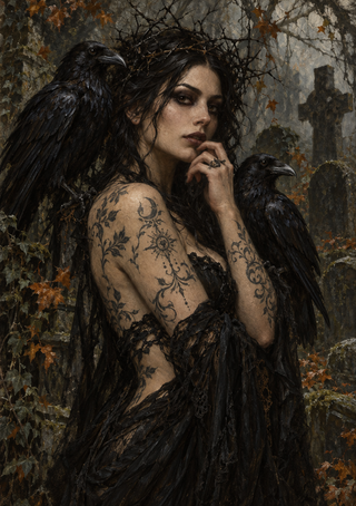 Dark-haired woman with a twig crown and tattoos beside two black ravens in a graveyard setting.