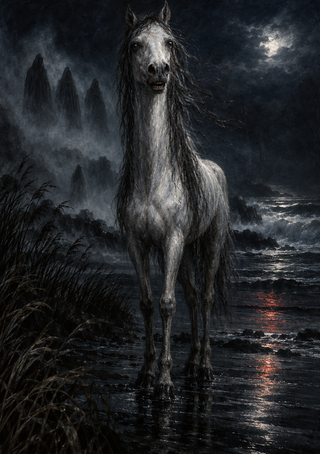 A pale gray-white horse with a long dark mane stands in shallow water on a misty, rocky coast beneath a patch of moonlit cloud.