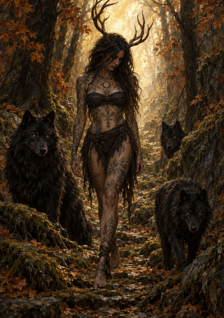 A dark-haired woman with branching antlers walks along an autumn woodland path with three black wolves beside her.