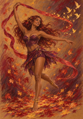 Woman in a purple leaf-accented costume dances among red ribbons, autumn leaves, and small golden birds.
