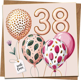38th Birthday Card for Her, Balloon Floral Design, 145mm x 145mm Square Greeting Card with Kraft Envelope, With Love Tag, Pink and Gold Tones