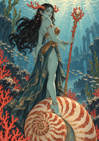 Blue-green-skinned woman with coral-like head ornaments stands on a large shell underwater holding a coral staff.