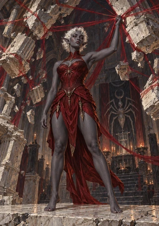 Gray-skinned elf with short ivory curls stands in a red costume, raising one hand into crimson threads between broken stone blocks.