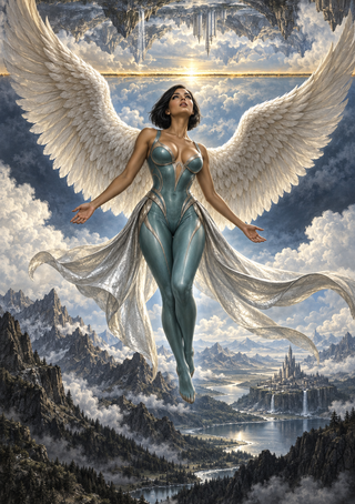 White-winged woman in teal hovering above a river valley and distant city, framed by mountains, clouds and inverted rock formations.