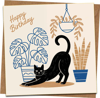 Happy Birthday Card 145mm x 145mm – Black Cat Stretch with Houseplants – Modern Square Greeting Card with Kraft Envelope for Cat Lovers, Friends, Her or Him