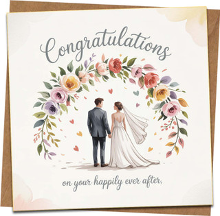Wedding Congratulations Card 145mm x 145mm – Floral Wreath Bride & Groom Design, Romantic Message “On Your Happily Ever After” – Premium Square Greeting Card with Kraft Envelope