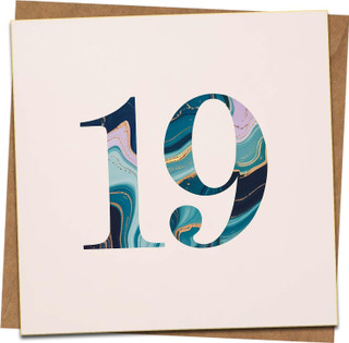 19th Birthday Card – Square Marble Number 19 Design, 145mm x 145mm Greeting Card with Kraft Envelope, Blank Inside, Modern Blue Gold Pattern for Him Her Son Daughter Friend