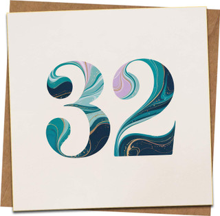 32nd Birthday Card - Marble Number Design, 145mm x 145mm Square, Blank Inside, Includes Kraft Envelope, For Him Her Friend